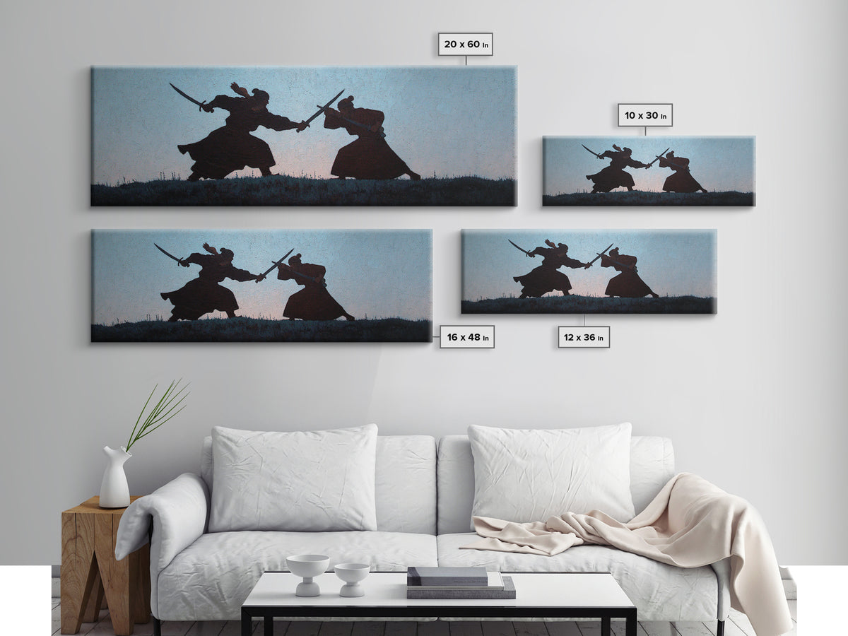 Samurai Duel Silhouette Wall Art, Japanese Warrior Canvas Print, Minimal Black And White Decor For Office And Living Room