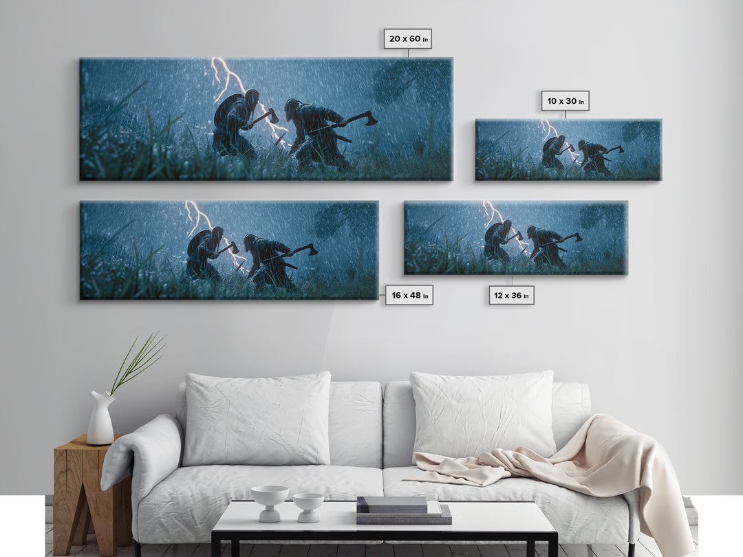 Viking Warriors In Lightning Rain Canvas Print, Dark Medieval Battle Wall Art, Stormy Fantasy Decor, Dramatic Game Room Decor