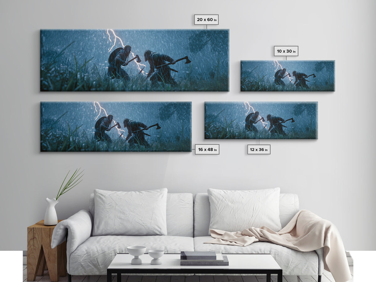 Viking Warriors In Lightning Rain Canvas Print, Dark Medieval Battle Wall Art, Stormy Fantasy Decor, Dramatic Game Room Decor