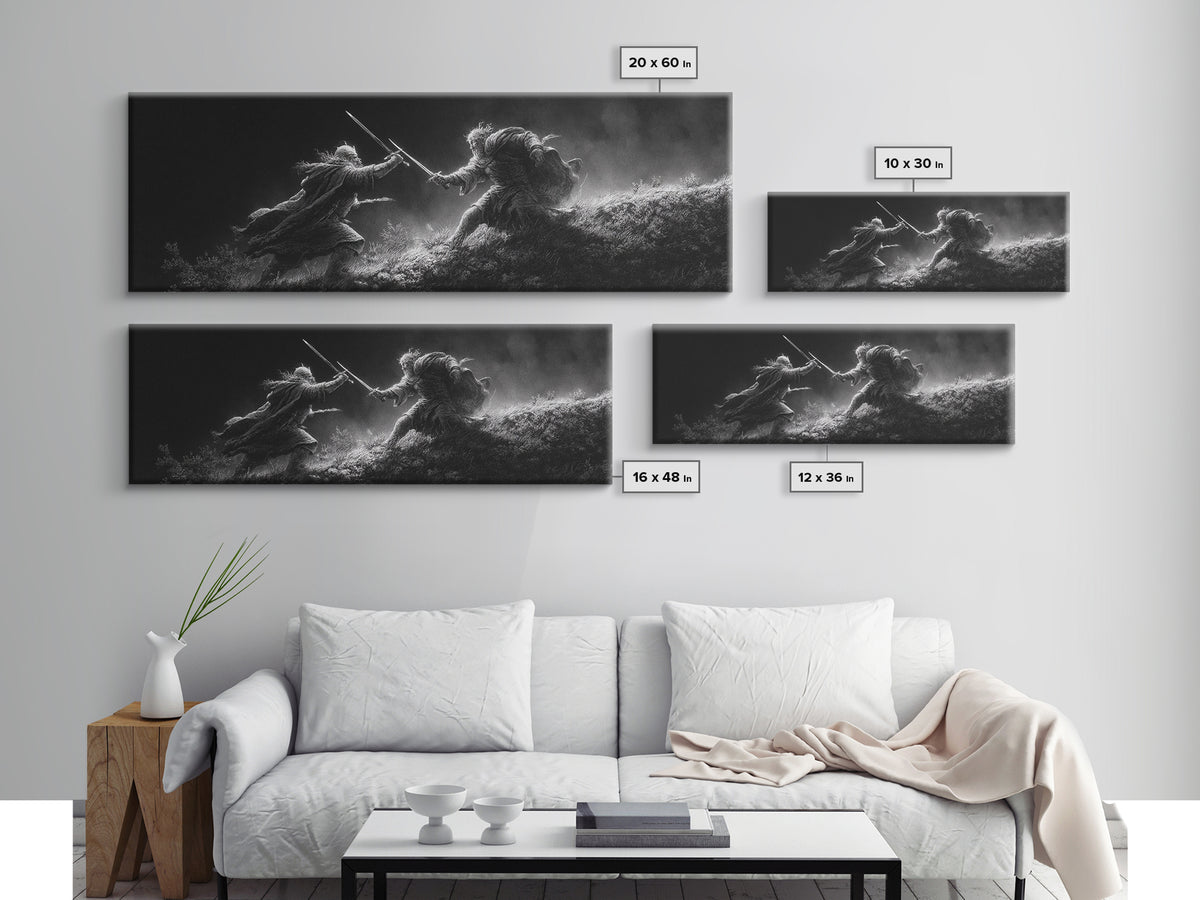 Black And White Warrior Duel Wall Art, Dark Fantasy Battle Print, Cinematic Viking Decor, Masculine Office, Gift For Him