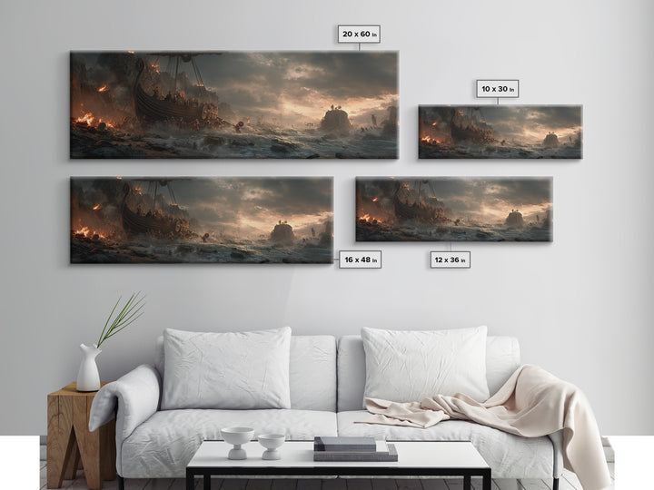 Viking Longship Landing On Stormy Shore Wall Art, Norse Battle Seascape, Dark Fantasy Decor, Dramatic Nautical Canvas Print