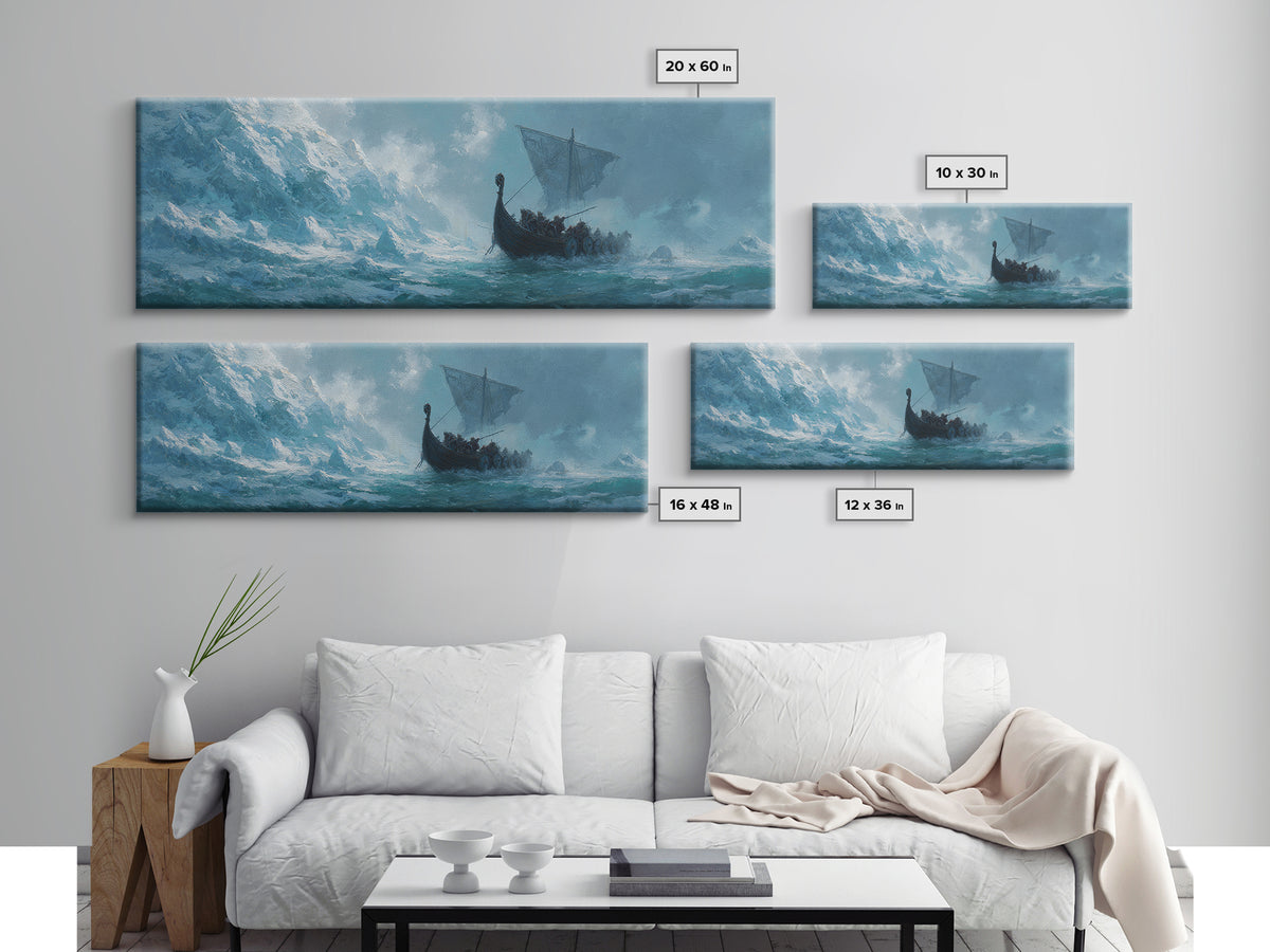 Viking Longship On Stormy Sea Wall Art, Nordic Ocean Seascape Painting, Nautical Living Room Decor, Adventure Gift For Him