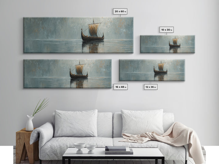 Viking Longship Sailing Through Misty Waters Canvas Print, Nautical Wall Art, Nordic Decor, Lake House Coastal Artwork Gift