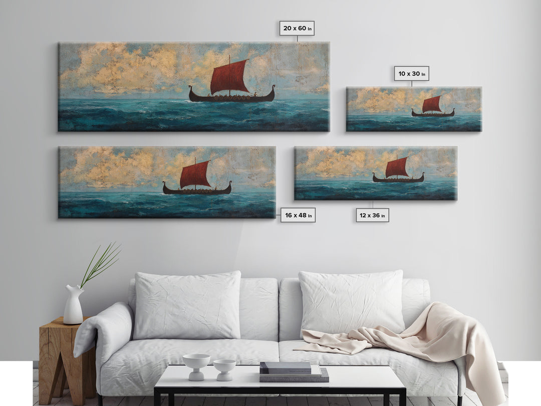 Viking Longship With Red Sail Canvas Print, Nautical Wall Art, Nordic Seascape Decor, Coastal Living Room Art, Ocean Wall Decor