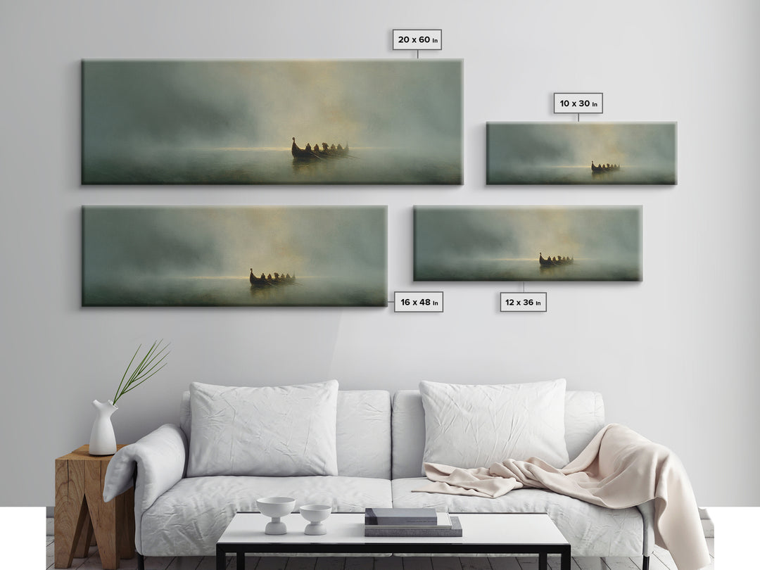 Misty Boat On Silent Lake Framed Canvas Print, Moody Seascape Wall Art, Serene Landscape Decor, Peaceful Home Gift Print