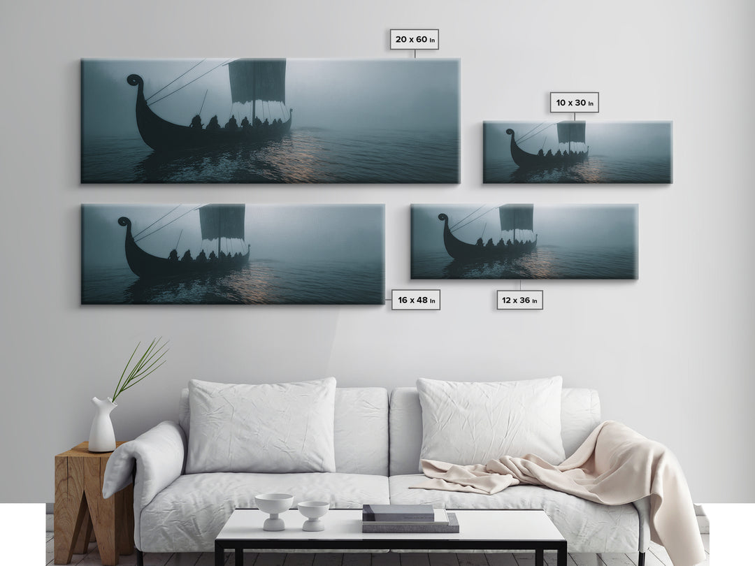 Viking Longship In Misty Waters Wall Art, Nordic Seascape Canvas Print, Nautical Coastal Decor, Moody Living Room Art Print
