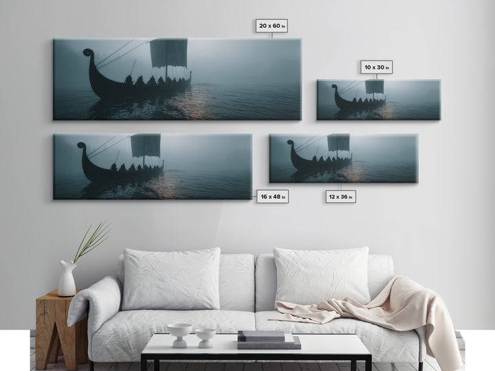 Viking Longship In Misty Waters Wall Art, Nordic Seascape Canvas Print, Nautical Coastal Decor, Moody Living Room Art Print