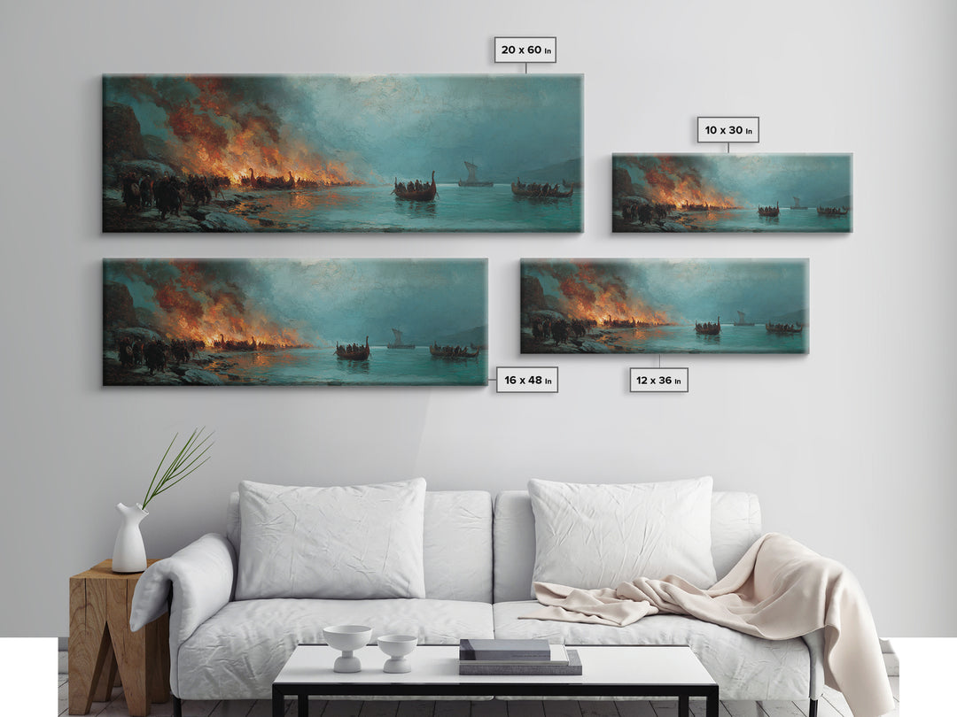 Viking Longboats By Burning Shore Framed Canvas Print, Nordic Seascape, Historical Wall Art, Moody Nautical Decor, Large Horizontal Art