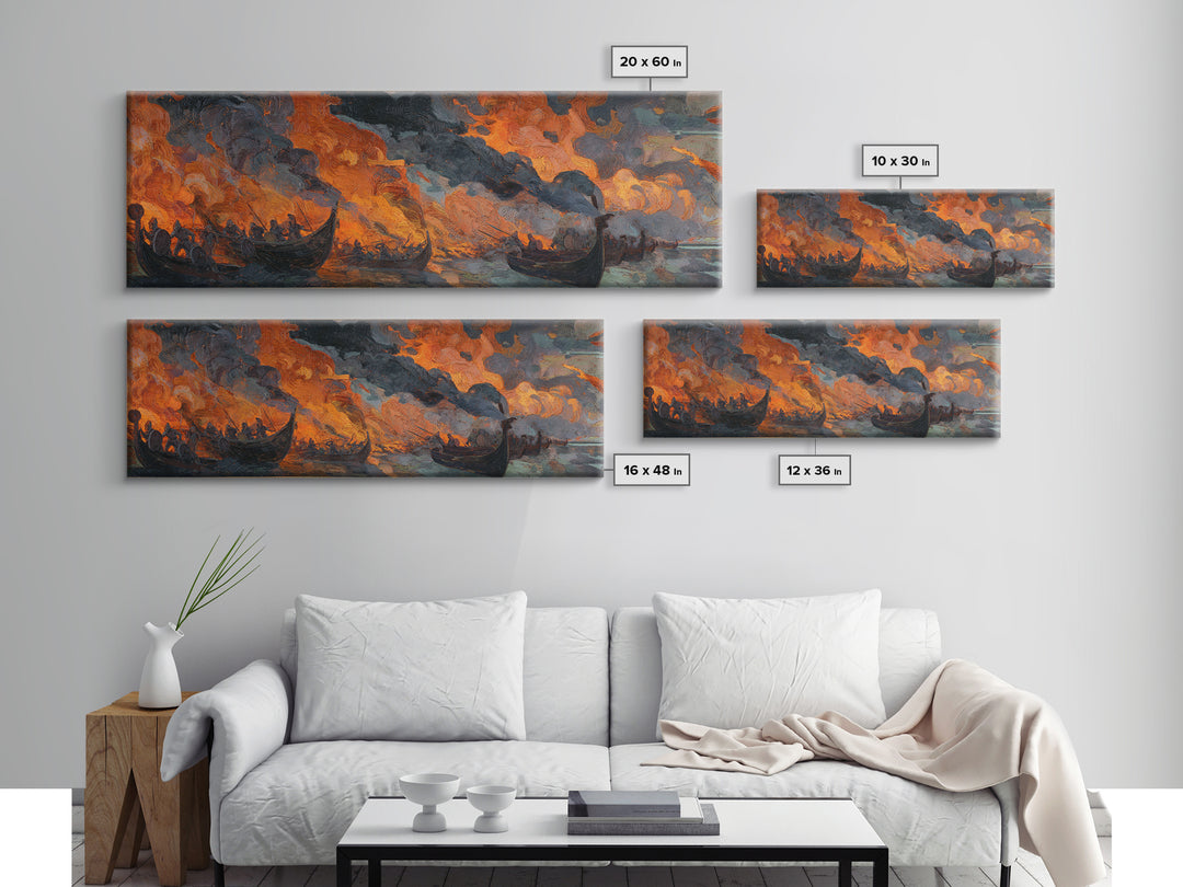 Burning Viking Longships Framed Canvas Print, Fiery Battle Seascape Wall Art, Norse Saga Decor, Dark Coastal Artwork For Men