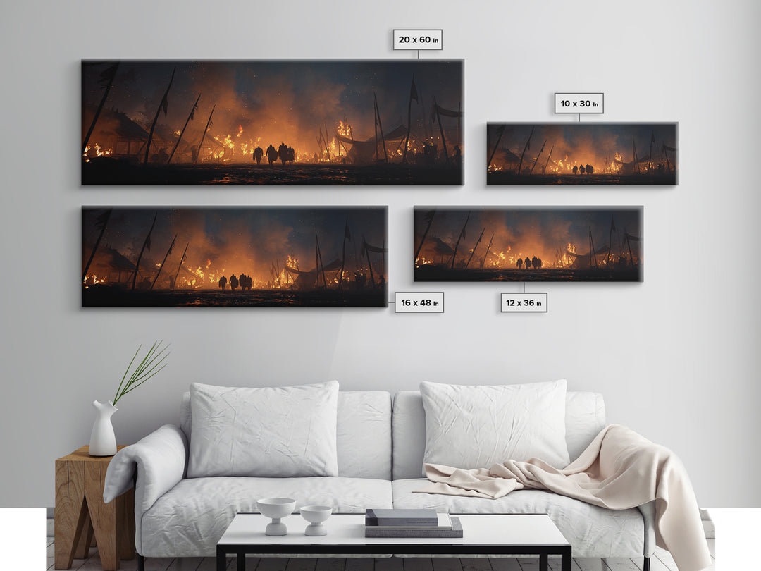 Burning Medieval Camp At Night Wall Art, Dark Fantasy Canvas Print, Fiery Battle Scene, Gothic Game Room Decor, Masculine Wall Decor