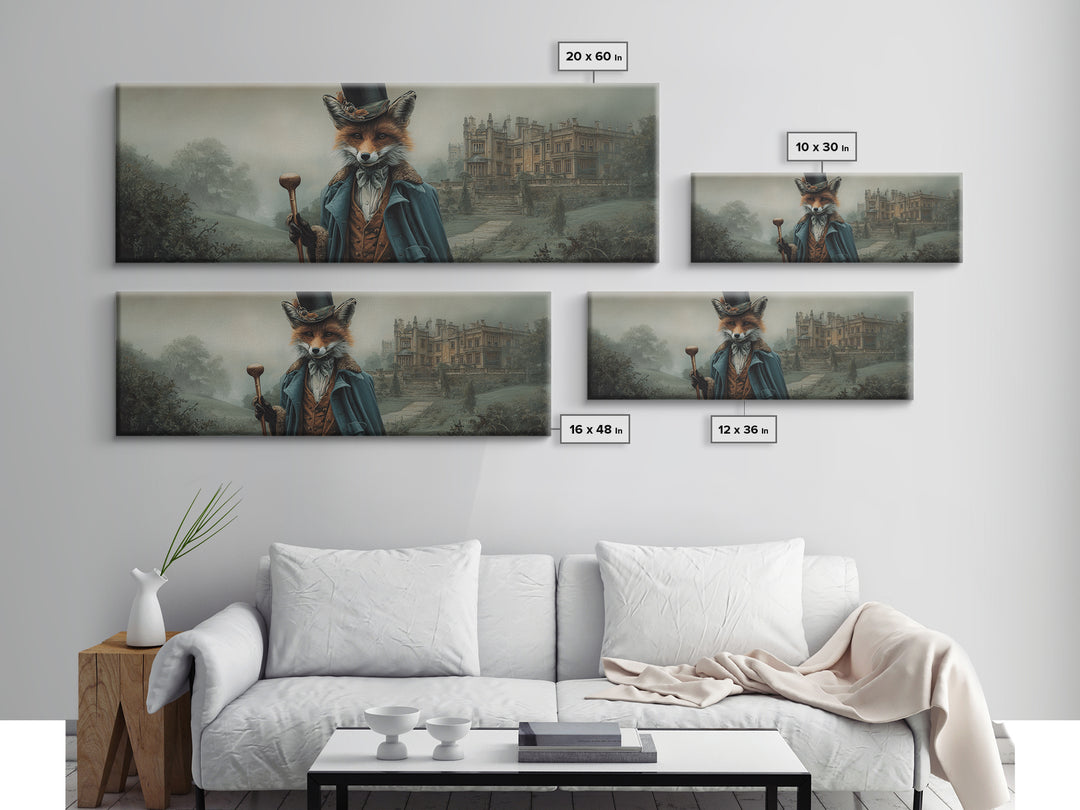 Victorian Fox Gentleman At Misty Manor Framed Canvas Print, Whimsical Animal Portrait, Dark Academia Country House Wall Art