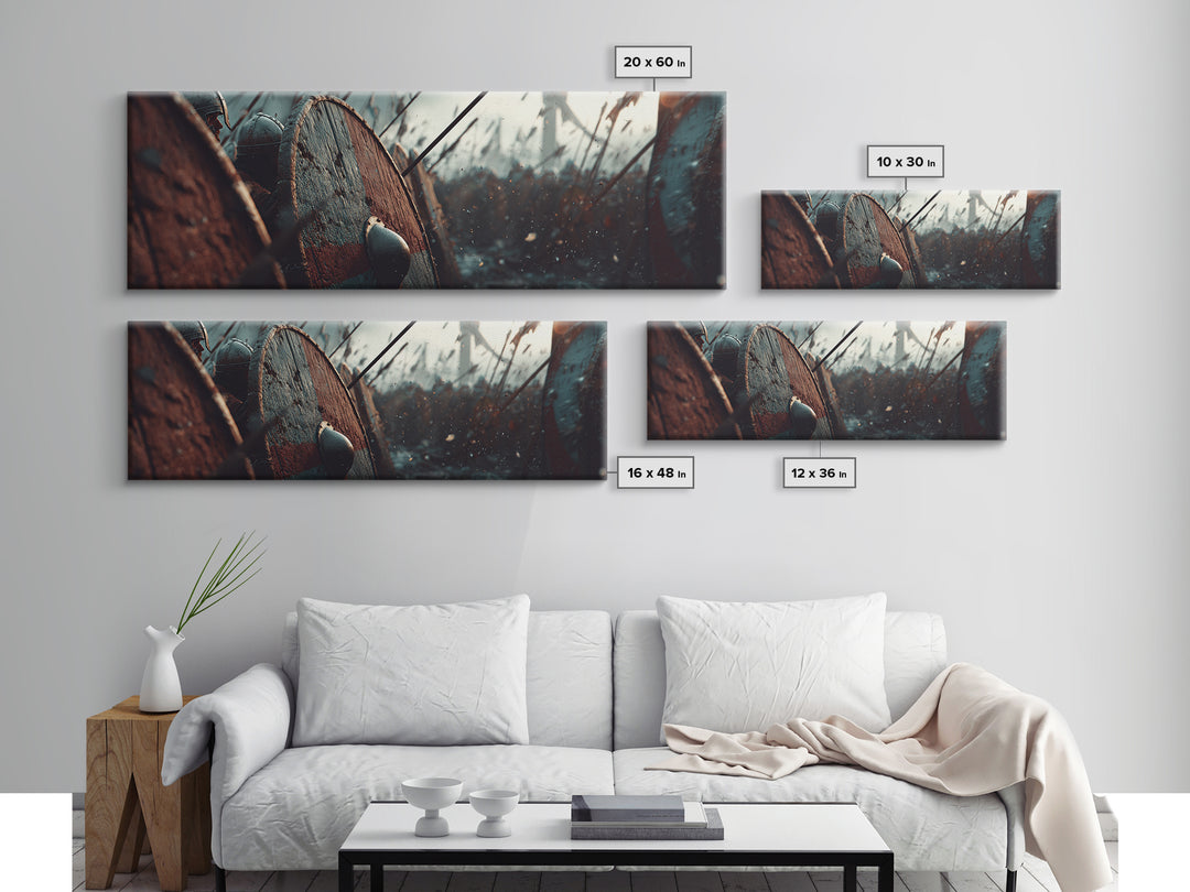 Shield Wall In Snowy Battle Wall Art, Viking Warfare Canvas Print, Spear And Round Shield Decor, Medieval Game Room Decor