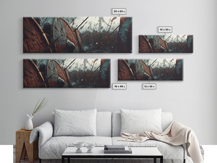 Shield Wall In Snowy Battle Wall Art, Viking Warfare Canvas Print, Spear And Round Shield Decor, Medieval Game Room Decor