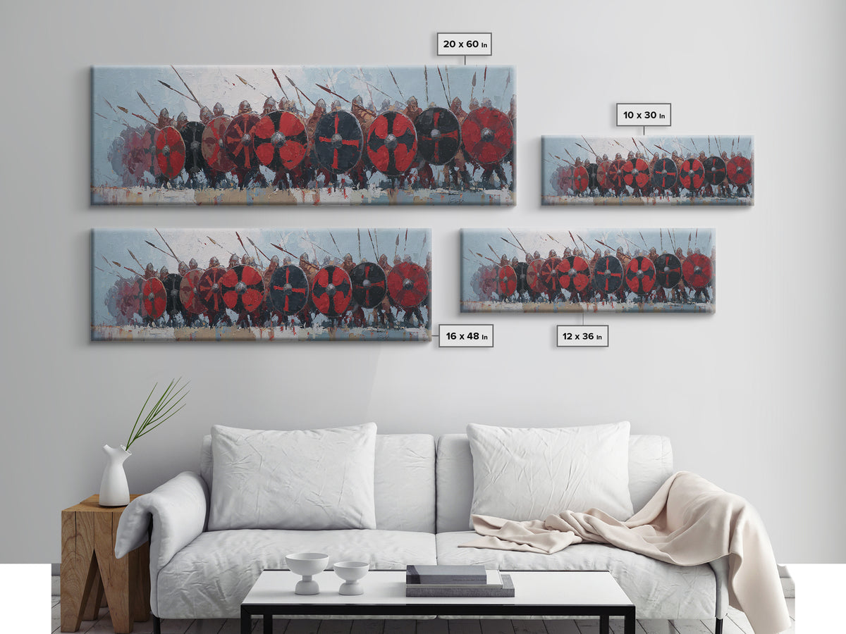 Red Shield Viking Army Framed Canvas Print, Norse Battle Wall Art, Medieval Warrior Decor, Large Horizontal Artwork For Him