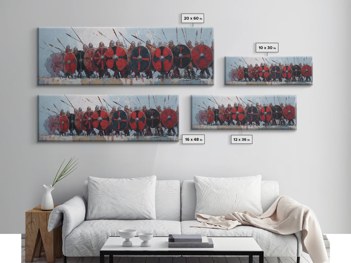 Red Shield Viking Army Framed Canvas Print, Norse Battle Wall Art, Medieval Warrior Decor, Large Horizontal Artwork For Him