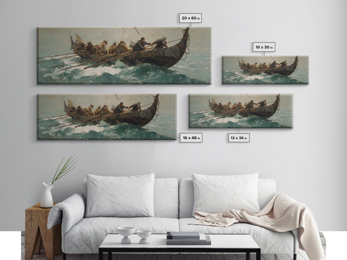 Viking Longboat Battling Turquoise Sea Wall Art, Nautical Canvas Print, Norse Warrior Decor, Coastal Historical Art For Men