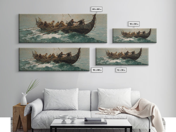 Viking Longboat Battling Turquoise Sea Wall Art, Nautical Canvas Print, Norse Warrior Decor, Coastal Historical Art For Men
