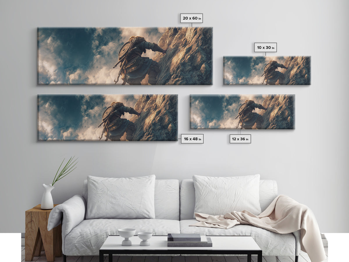 Viking Climber Scaling Sheer Cliff Wall Art, Adventure Fantasy Canvas Print, Nordic Landscape Decor, Gift For Him, Office Poster