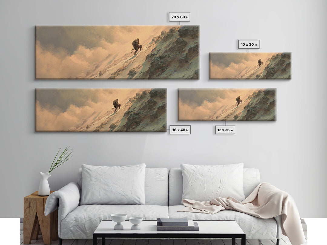 Lone Mountaineer On Snowy Cliff Wall Art, Epic Fantasy Landscape Canvas, Mountain Adventure Decor For Office And Man Cave