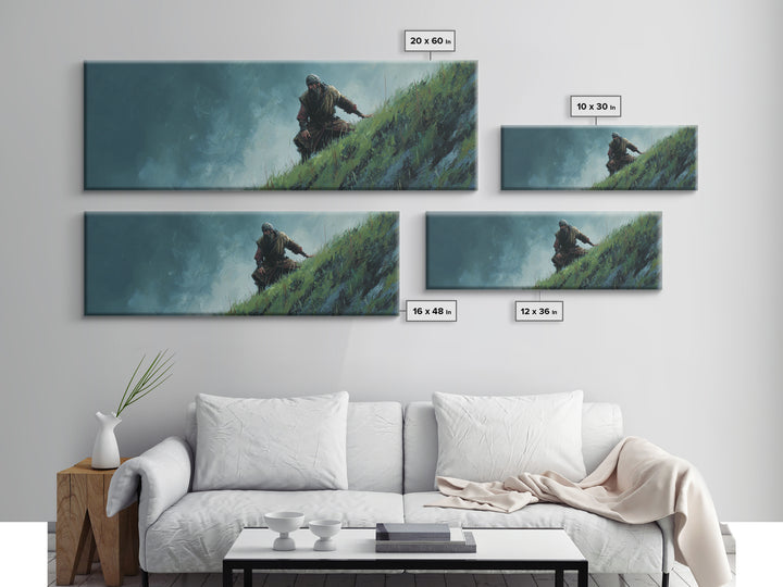 Warrior Climbing Windy Green Cliff Framed Canvas Print, Adventure Fantasy Wall Art, Moody Nature Decor For Office And Bedroom