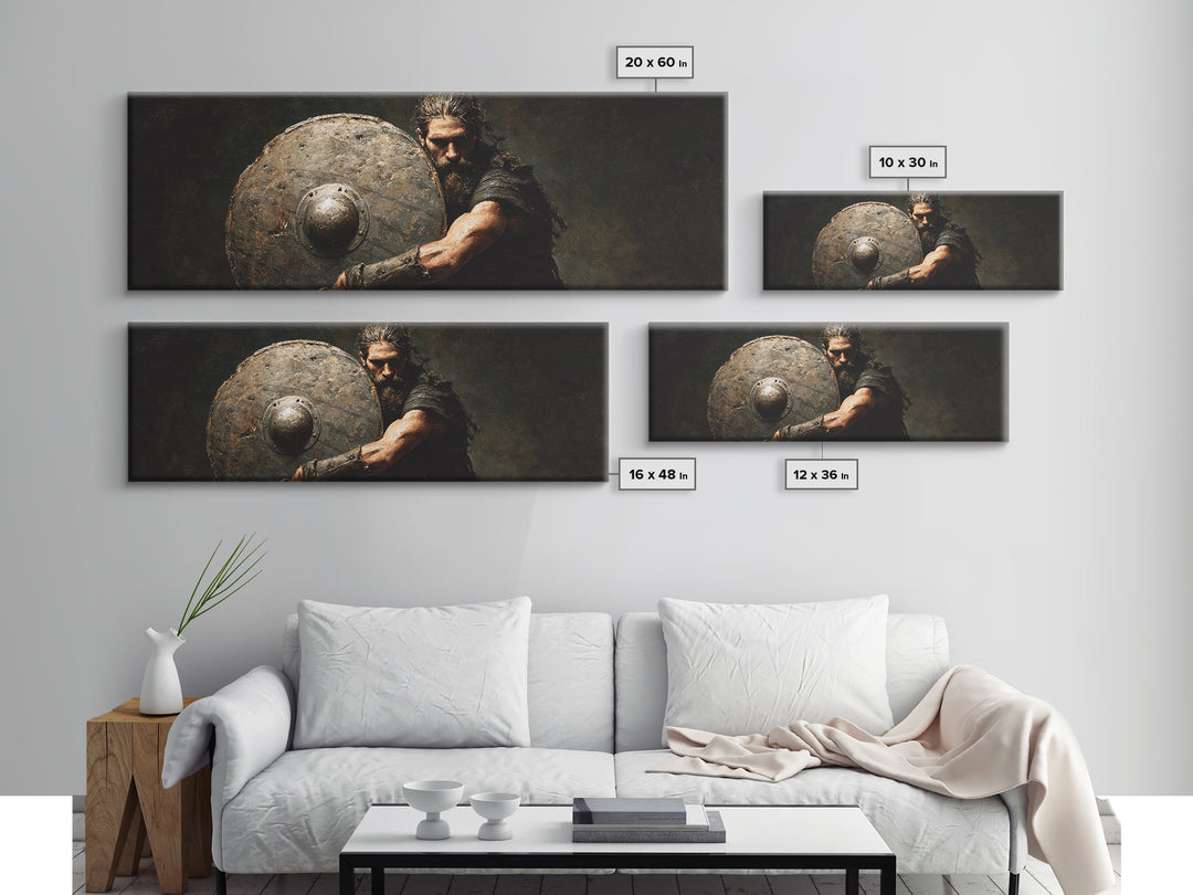Dark Viking Warrior With Weathered Shield Wall Art, Norse Battle Portrait, Masculine Office Decor, Gothic Man Cave Decor Gift