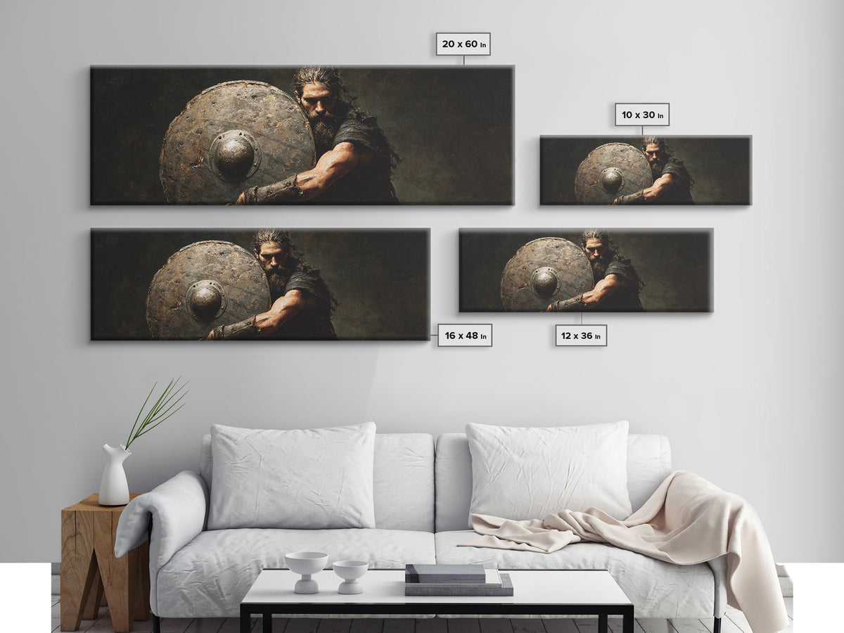 Dark Viking Warrior With Weathered Shield Wall Art, Norse Battle Portrait, Masculine Office Decor, Gothic Man Cave Decor Gift
