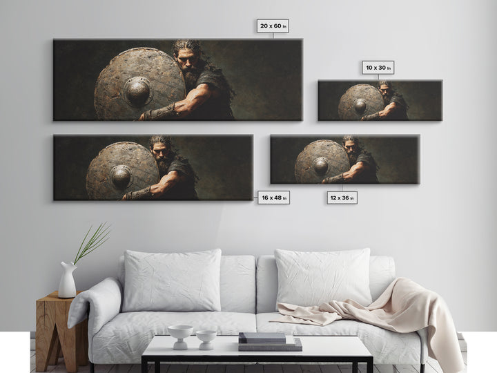Dark Viking Warrior With Weathered Shield Wall Art, Norse Battle Portrait, Masculine Office Decor, Gothic Man Cave Decor Gift