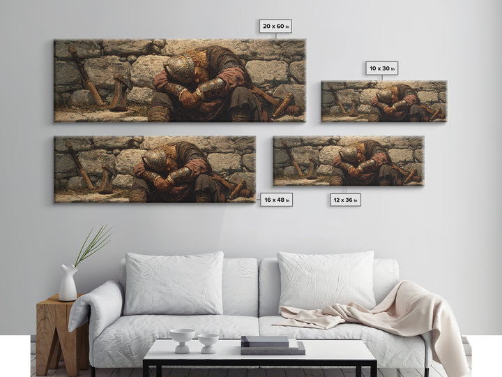 Weary Viking Resting By Stone Wall Framed Canvas Print, Norse Warrior Art, Rustic Medieval Decor, Dark Academia Gift Print