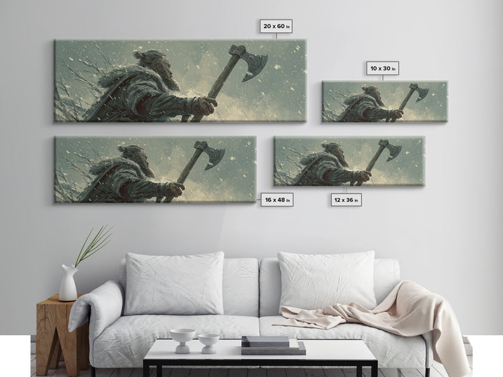Snowy Viking Warrior With Battle Axe Wall Art, Dark Fantasy Winter Canvas Print, Nordic Masculine Office And Cabin Decor