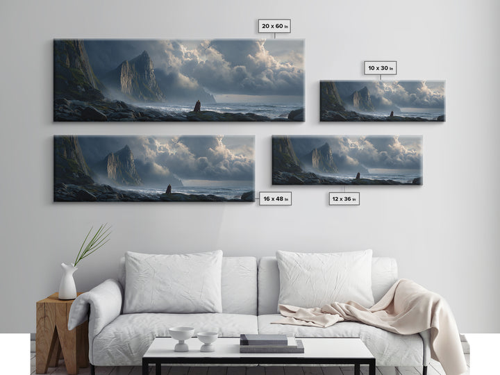 Cloaked Figure On Stormy Cliff Wall Art, Epic Coastal Fantasy Canvas Print, Moody Seascape, Dramatic Landscape Decor, Living Room Art