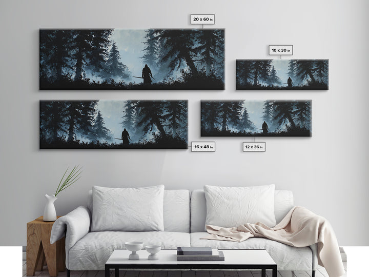Shadowed Warrior In Misty Pine Forest Wall Art, Dark Fantasy Canvas Print, Moody Woodland Decor, Rustic Cabin Wall Decor