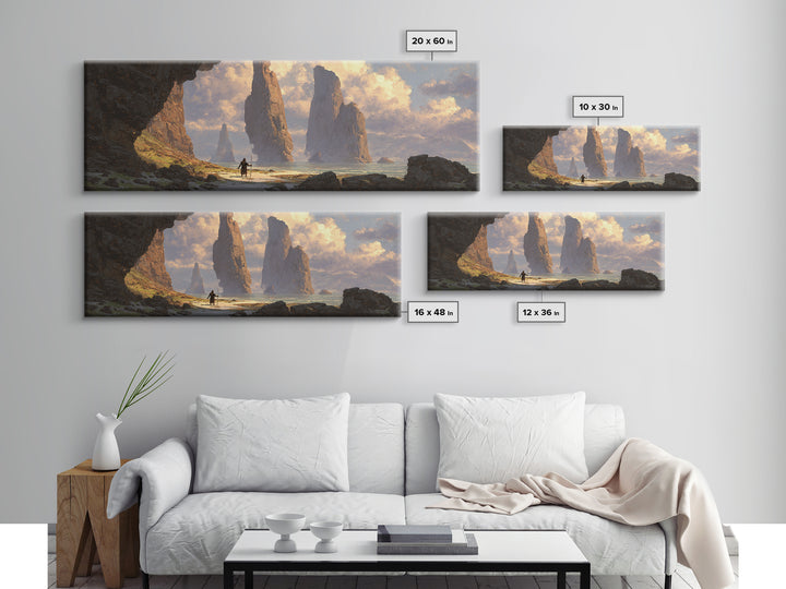 Epic Sea Cliffs With Lone Traveler Canvas Print, Fantasy Landscape Wall Art, Panoramic Coastal Decor, Adventure Art, Home Decor