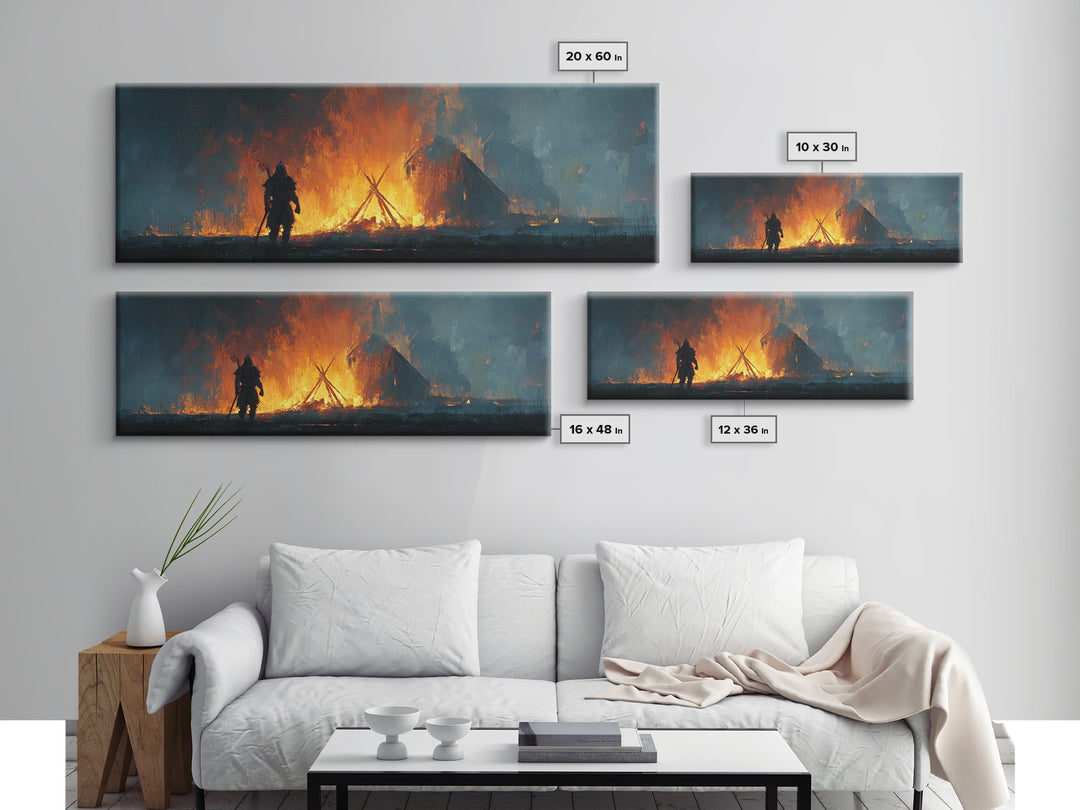 Warrior Before Blazing Village Fire Canvas Print, Dark Fantasy Wall Art, Medieval Battle Decor, Moody Rustic Home Decor Print