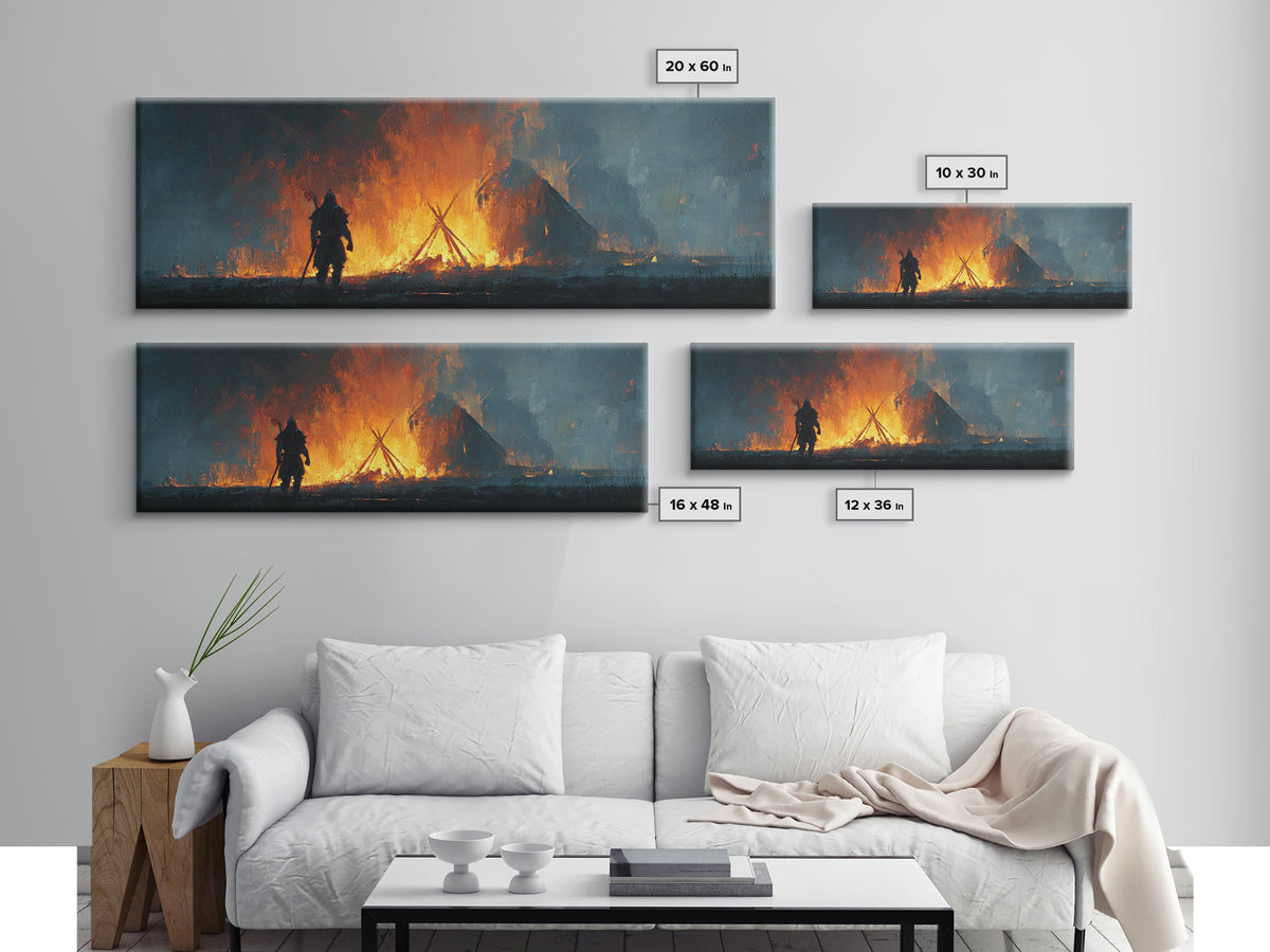 Warrior Before Blazing Village Fire Canvas Print, Dark Fantasy Wall Art, Medieval Battle Decor, Moody Rustic Home Decor Print
