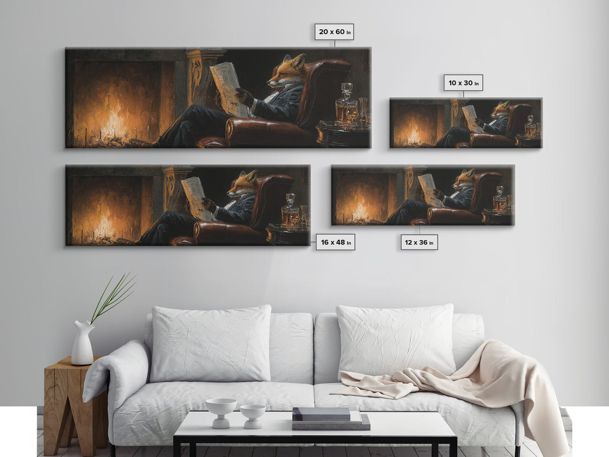 Fox Reading By Fireplace Canvas Print, Cozy Library Wall Art, Dark Academia Study Decor, Whimsical Animal Living Room Art Print