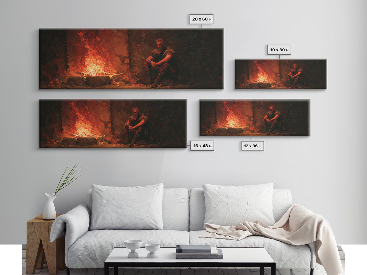 Brooding Medieval Warrior Beside Fiery Hearth Canvas Print, Moody Dark Fantasy Wall Art, Rustic Man Cave Decor Gift For Him