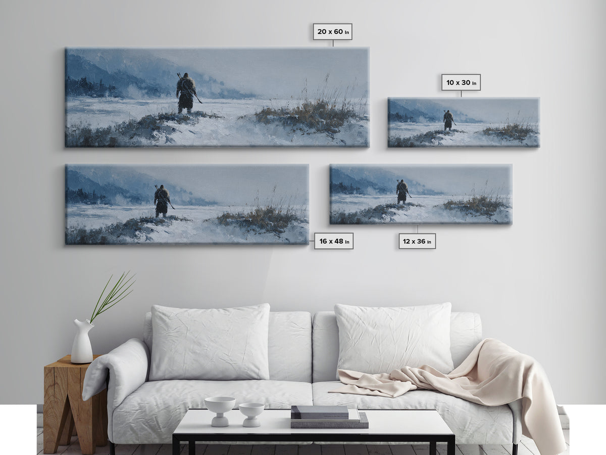 Lone Warrior Crossing Snowy Mountain Valley Wall Art, Winter Landscape Canvas Print, Rustic Cabin Decor, Adventure Gift Idea