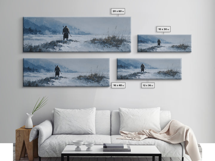 Lone Warrior Crossing Snowy Mountain Valley Wall Art, Winter Landscape Canvas Print, Rustic Cabin Decor, Adventure Gift Idea