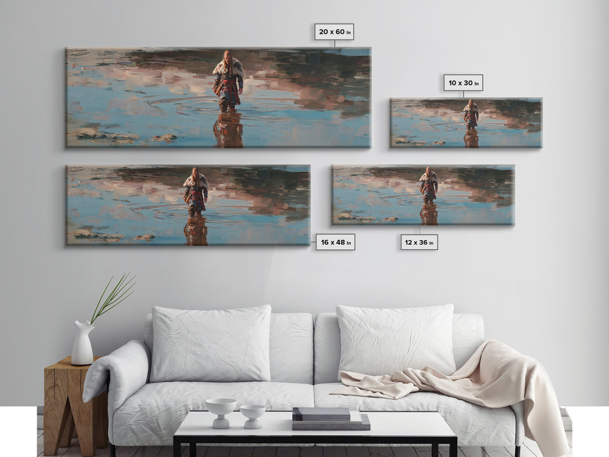 Viking Warrior Walking Through Water Canvas Print, Nordic Fantasy Landscape Wall Art, Rustic Masculine Decor For Home Office