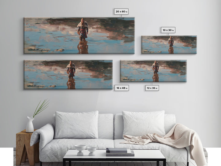 Viking Warrior Walking Through Water Canvas Print, Nordic Fantasy Landscape Wall Art, Rustic Masculine Decor For Home Office