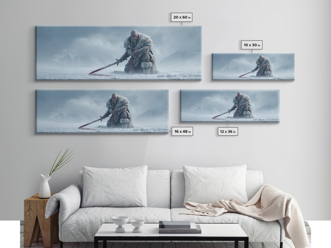 Frost Giant Warrior Kneeling In Snow Framed Canvas Print, Dark Fantasy Wall Art, Winter Mountain Decor, Epic Sword Artwork