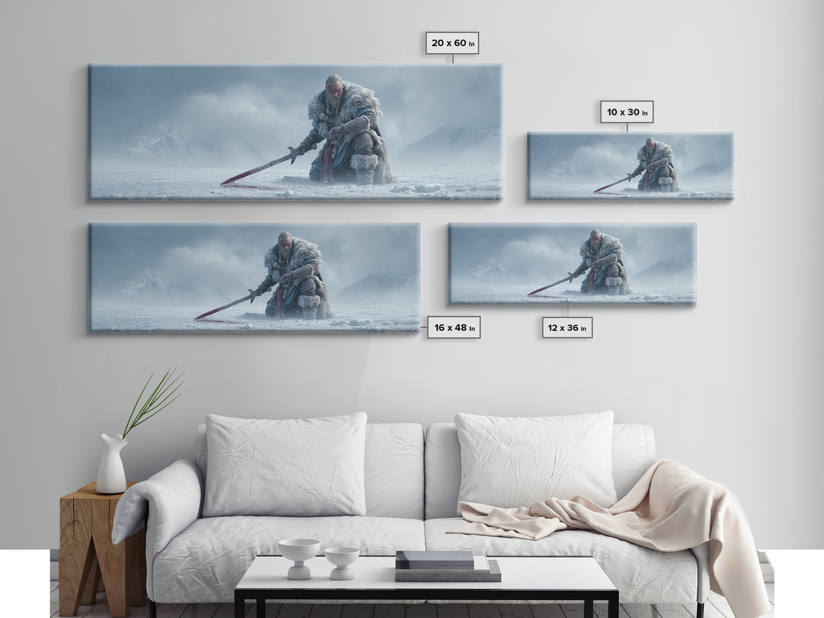 Frost Giant Warrior Kneeling In Snow Framed Canvas Print, Dark Fantasy Wall Art, Winter Mountain Decor, Epic Sword Artwork