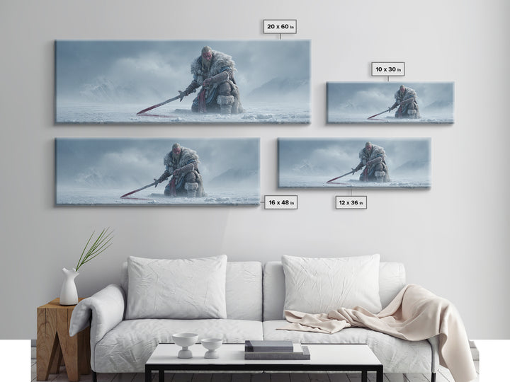 Frost Giant Warrior Kneeling In Snow Framed Canvas Print, Dark Fantasy Wall Art, Winter Mountain Decor, Epic Sword Artwork