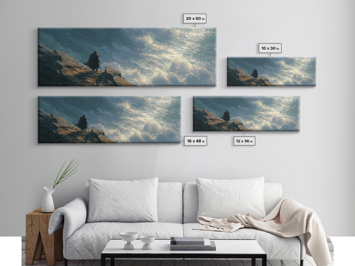 Cloaked Figure Above Crashing Ocean Wall Art, Moody Seascape Framed Canvas Print, Coastal Landscape Living Room Decor Gift
