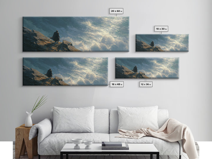 Cloaked Figure Above Crashing Ocean Wall Art, Moody Seascape Framed Canvas Print, Coastal Landscape Living Room Decor Gift