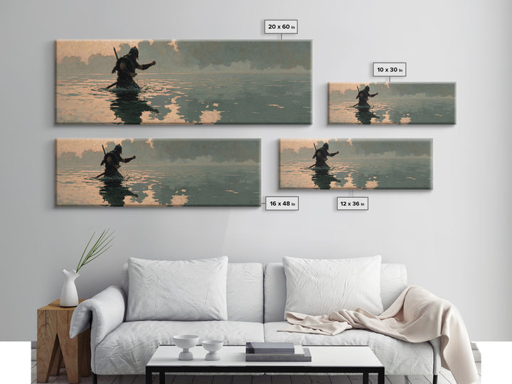 Lone Warrior Wading Through Water Wall Art, Moody Seascape Painting, Dark Fantasy Decor, Cinematic Living Room Print, Gift For Him