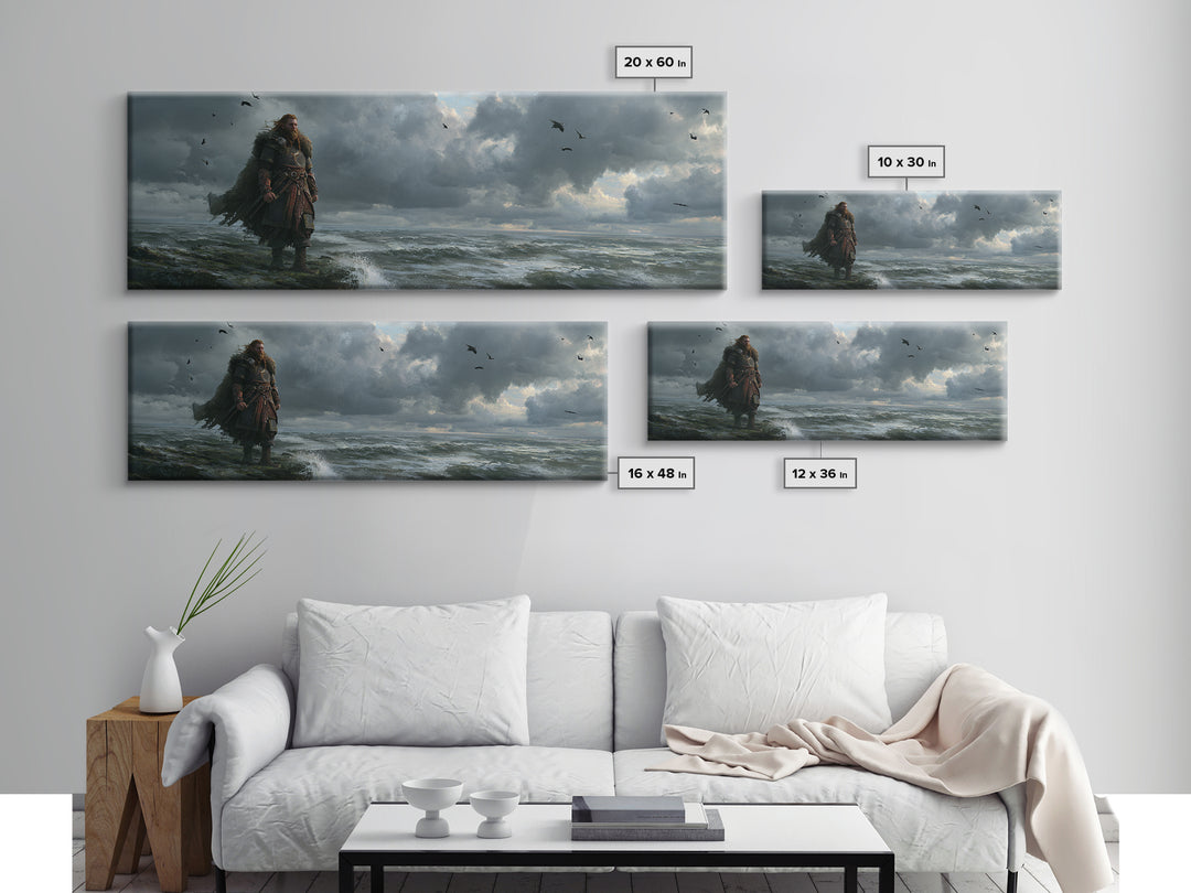 Stormy Viking By Rough Sea Framed Canvas Print, Dark Nordic Warrior Wall Decor, Raven Coastal Fantasy Art For Living Room