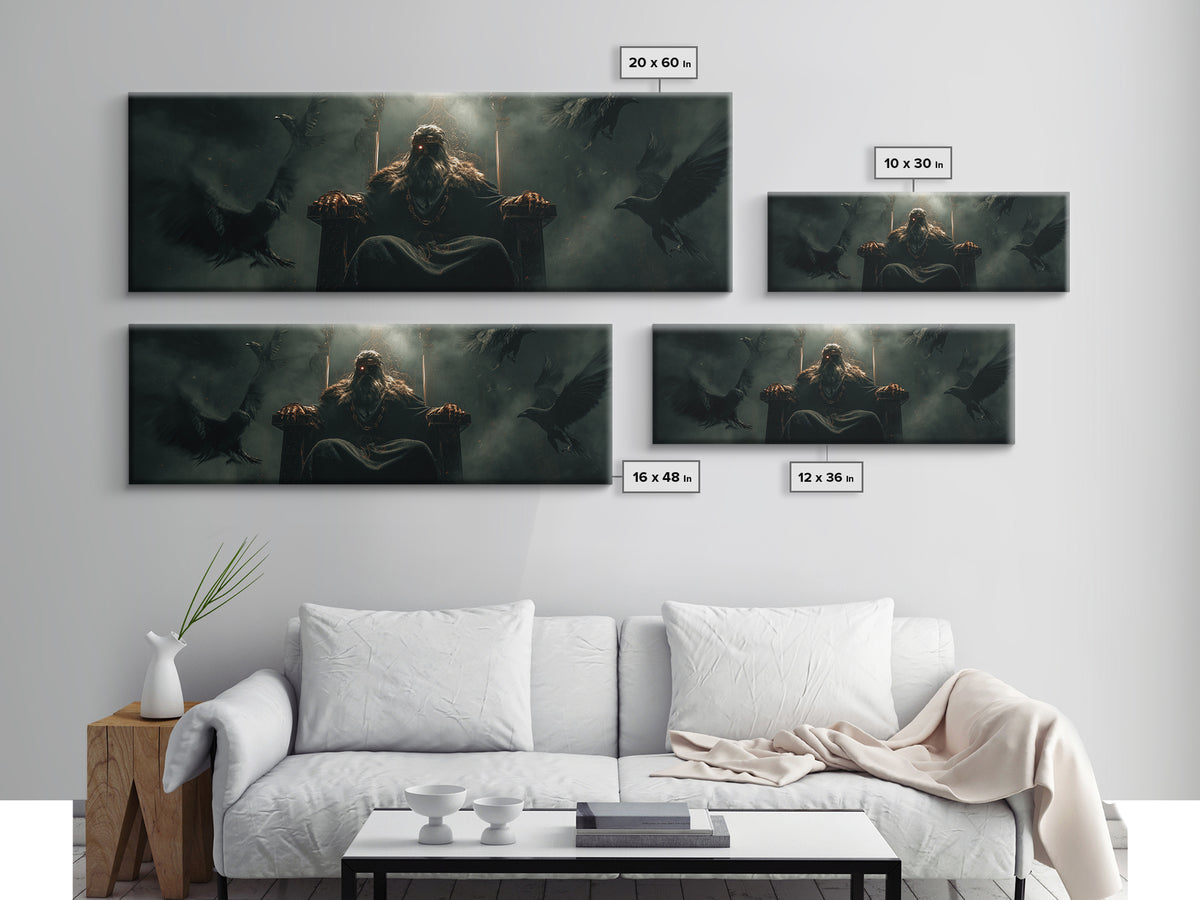 Raven King On Shadow Throne Wall Art, Dark Fantasy Framed Canvas Print, Gothic Castle Decor, Moody Statement Artwork, Game Room Decor