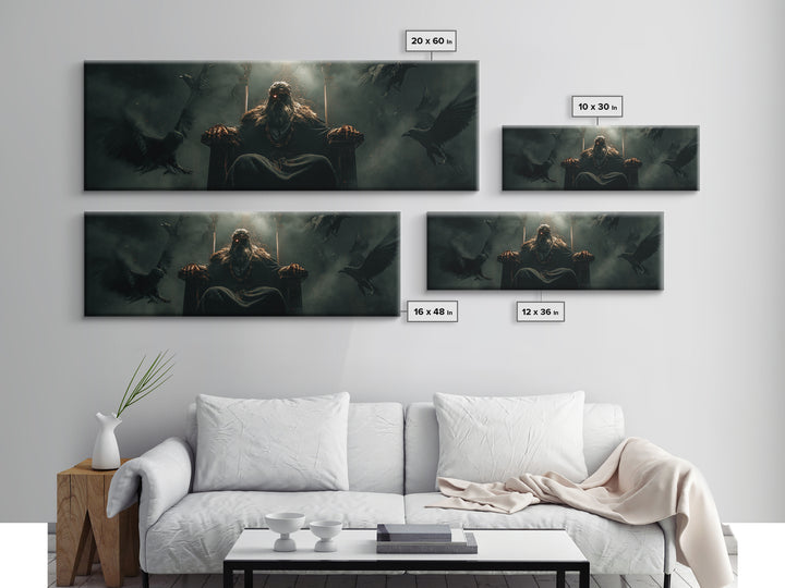 Raven King On Shadow Throne Wall Art, Dark Fantasy Framed Canvas Print, Gothic Castle Decor, Moody Statement Artwork, Game Room Decor