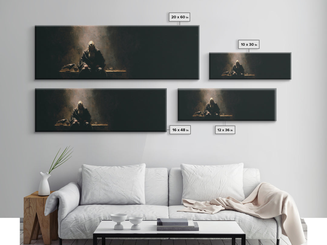 Seated Warrior In Shadow With Raven Framed Canvas Print, Dark Academia Wall Art, Gothic Medieval Decor, Moody Art, Man Cave Decor